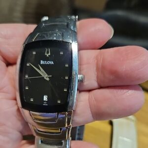 Bulova Silver and Black Rectangular Men's Watch